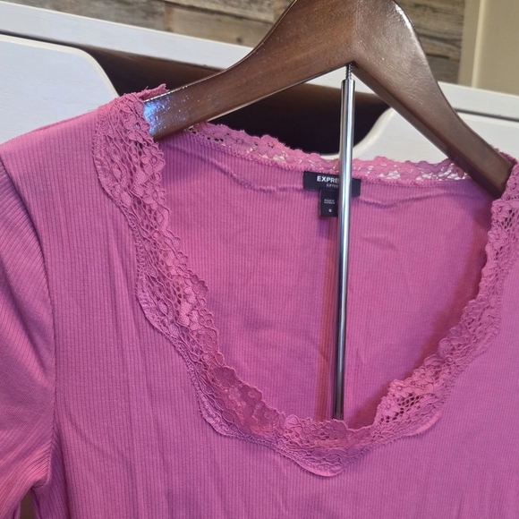 Express "HOT PINK" Lace Trim Long Sleeve Top- Ribbed - Picture 8 of 9